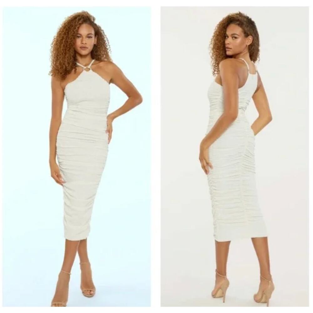 Likely CARMONA DRESS Bodycon Ruched Stretch Crepe Midi | Ivory, Sz 8 NEW